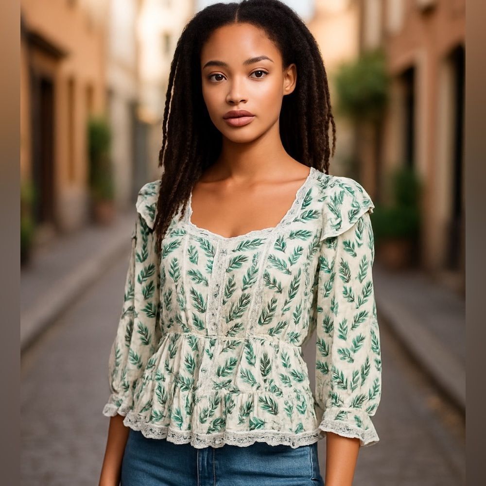Skies Are Blue Floral Lace Ruffle Blouse Womens Medium Green White Top